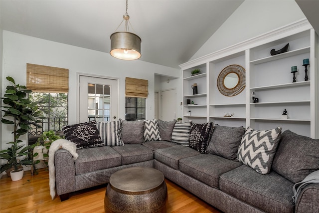 living room with hardwood / wood-style flooring and lofted ceiling