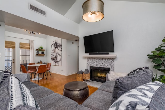 living room with wood-type flooring and a fireplace