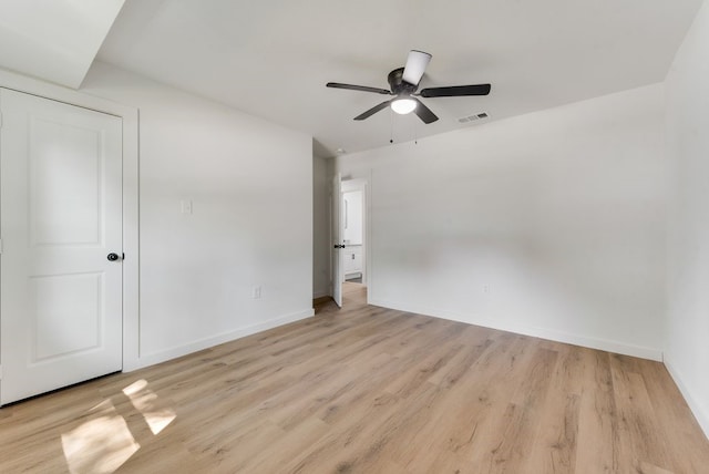 unfurnished bedroom featuring light hardwood / wood-style flooring and ceiling fan