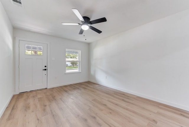 entryway featuring ceiling fan and light hardwood / wood-style floors