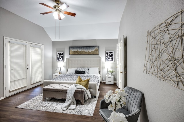 bedroom with access to outside, ceiling fan, dark wood-type flooring, and vaulted ceiling