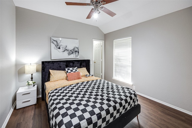 bedroom featuring lofted ceiling, ceiling fan, and dark hardwood / wood-style floors