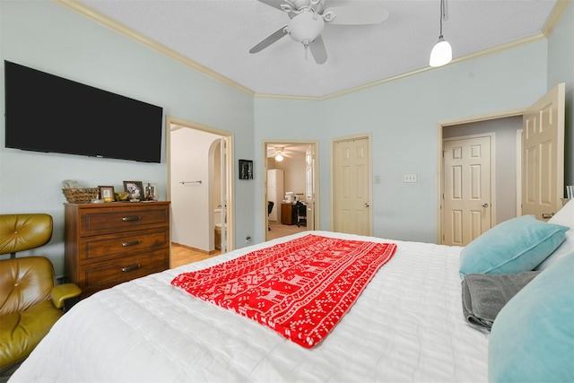 bedroom with ceiling fan and ornamental molding