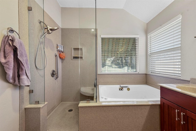 bathroom with vanity, a textured ceiling, independent shower and bath, and vaulted ceiling