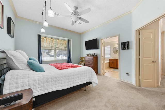 bedroom featuring light carpet, ceiling fan, a textured ceiling, and ornamental molding