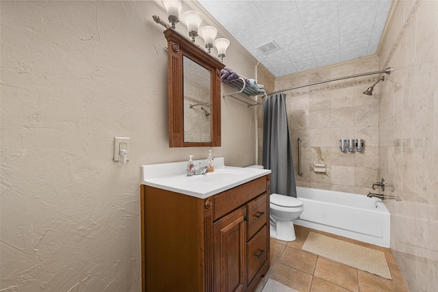 full bathroom with shower / bath combo, toilet, and vanity