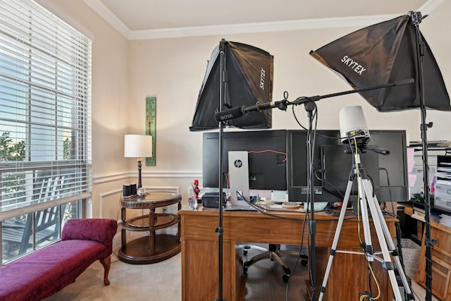 carpeted office space with crown molding