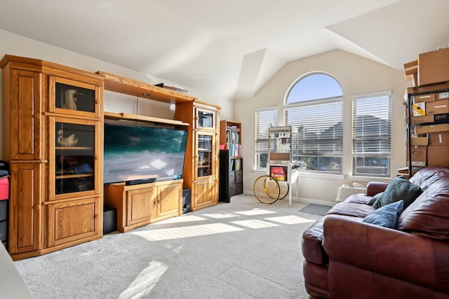 living room featuring light colored carpet and lofted ceiling