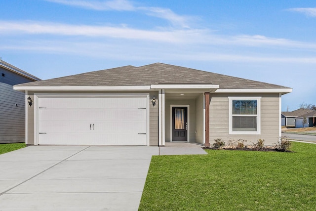 single story home featuring a front yard and a garage