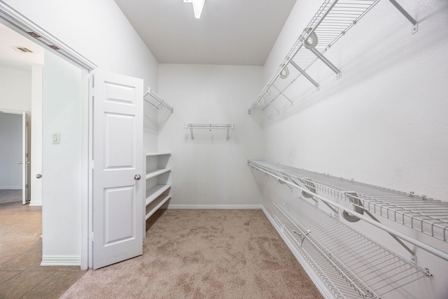 walk in closet with light colored carpet