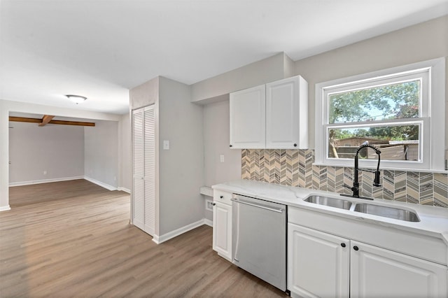 kitchen featuring white cabinetry, dishwasher, sink, backsplash, and light hardwood / wood-style floors