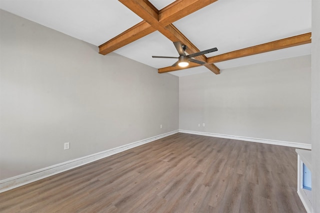 empty room with beamed ceiling, light hardwood / wood-style floors, ceiling fan, and coffered ceiling