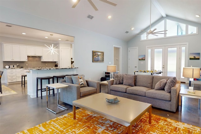 living room with french doors, high vaulted ceiling, and ceiling fan