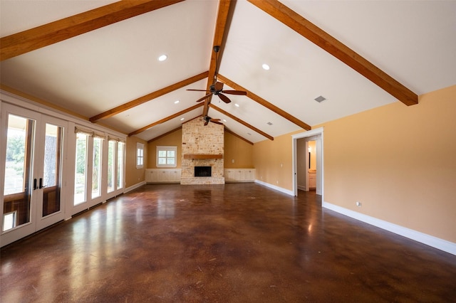 unfurnished living room with a fireplace, radiator, vaulted ceiling with beams, and ceiling fan