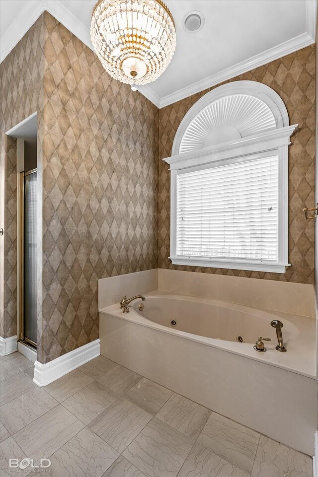 bathroom with crown molding, a chandelier, and shower with separate bathtub