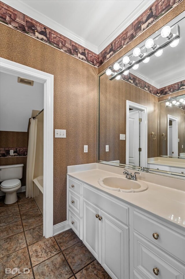 full bathroom with vanity, toilet, shower / bathtub combination with curtain, and crown molding