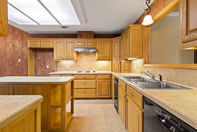 kitchen featuring decorative backsplash, white cooktop, sink, dishwasher, and hanging light fixtures