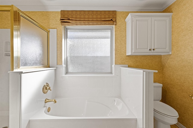 bathroom with crown molding, a bathtub, and toilet