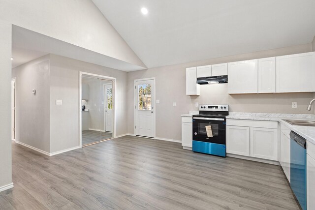 kitchen featuring dishwashing machine, white cabinetry, stainless steel electric range oven, and sink