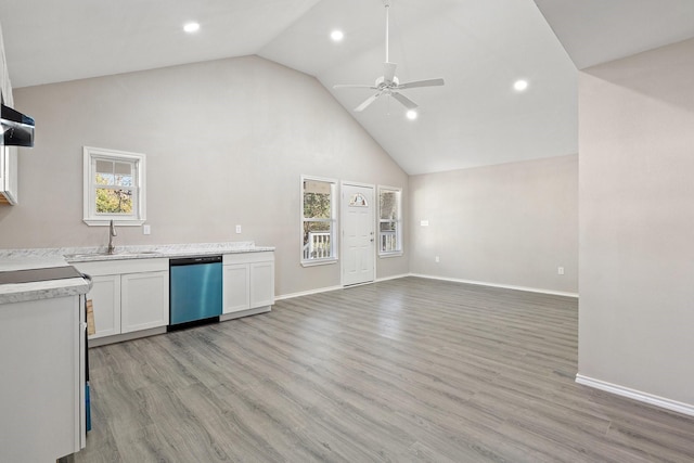 kitchen with white cabinets, ceiling fan, sink, light hardwood / wood-style flooring, and dishwasher