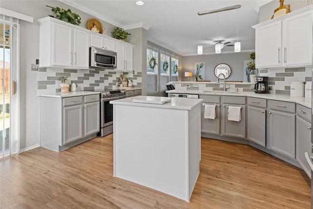 kitchen featuring kitchen peninsula, appliances with stainless steel finishes, decorative backsplash, sink, and gray cabinets