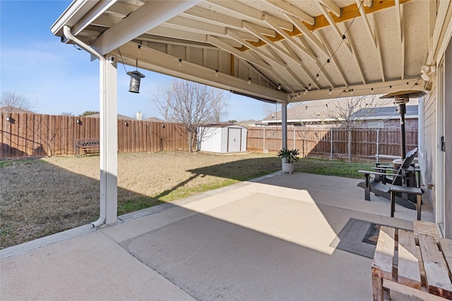 view of patio / terrace featuring a storage shed