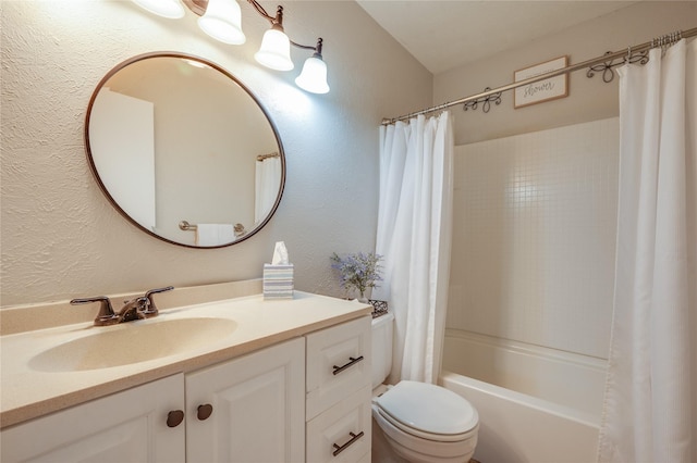 full bathroom with shower / bathtub combination with curtain, vanity, and toilet