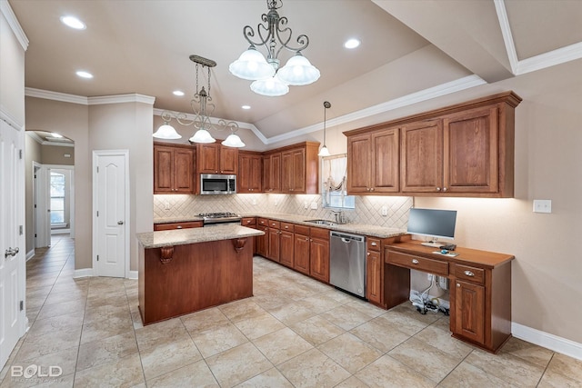 kitchen featuring decorative light fixtures, a kitchen island, stainless steel appliances, light stone countertops, and backsplash