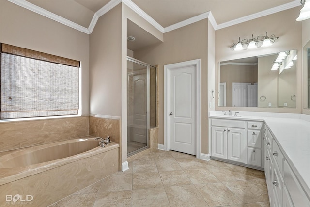 bathroom featuring independent shower and bath, ornamental molding, and vanity