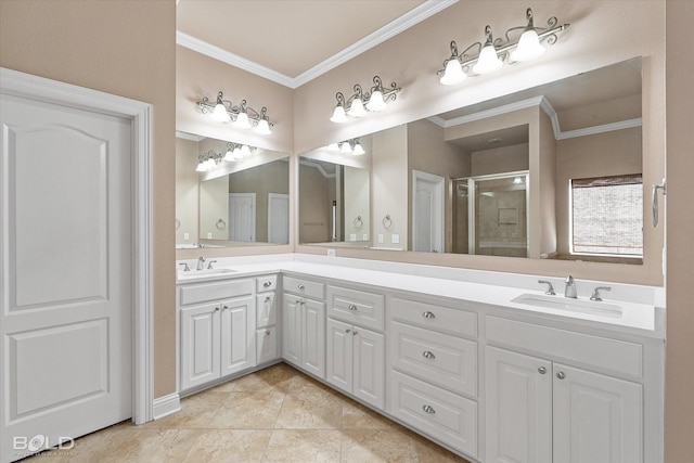 bathroom with crown molding, tile patterned floors, vanity, and walk in shower