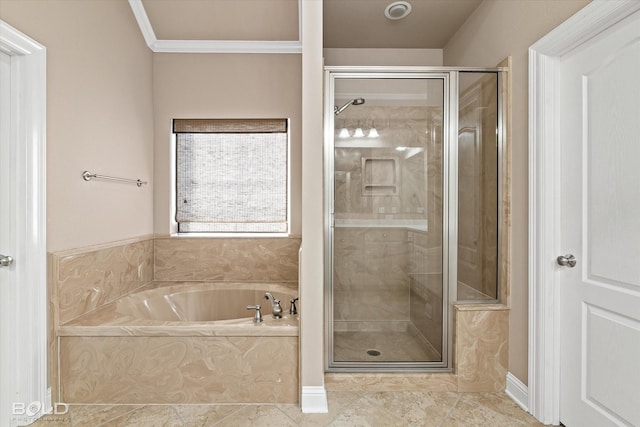 bathroom with independent shower and bath, ornamental molding, and tile patterned flooring