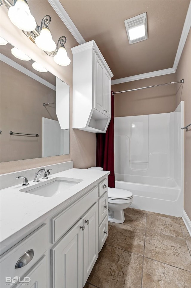 full bathroom featuring vanity, crown molding, bathing tub / shower combination, and toilet