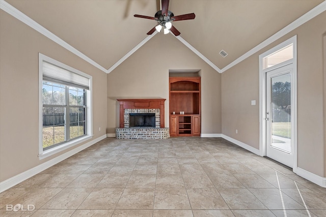 unfurnished living room featuring lofted ceiling, a brick fireplace, light tile patterned floors, ornamental molding, and ceiling fan