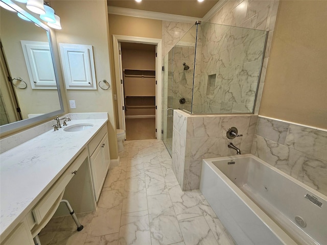 full bathroom featuring vanity, crown molding, shower with separate bathtub, and toilet