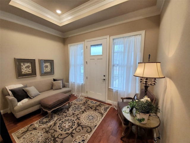 living room featuring crown molding, dark wood-type flooring, a wealth of natural light, and a tray ceiling