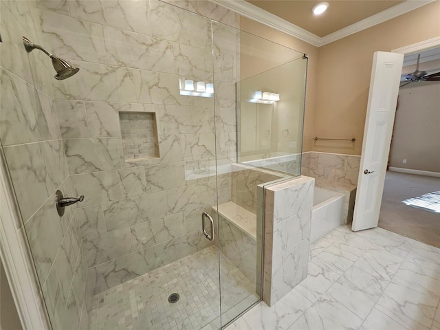 bathroom featuring crown molding and shower with separate bathtub