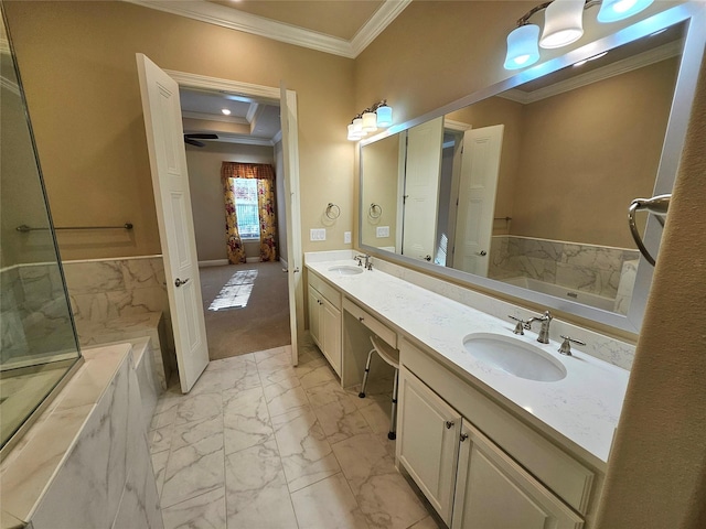 bathroom featuring vanity, crown molding, and ceiling fan