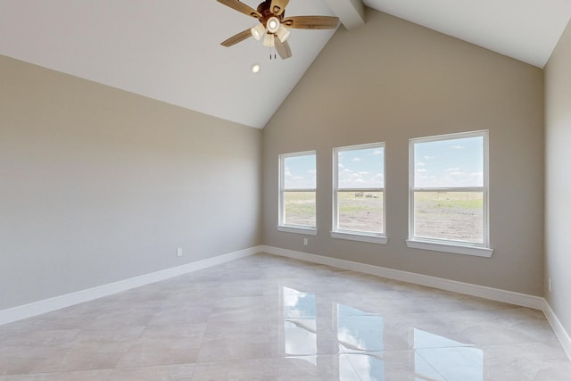 unfurnished room featuring beamed ceiling, baseboards, high vaulted ceiling, and ceiling fan