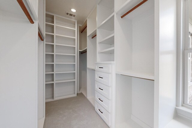 spacious closet with light colored carpet and visible vents