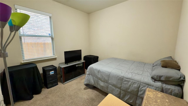 bedroom featuring light carpet