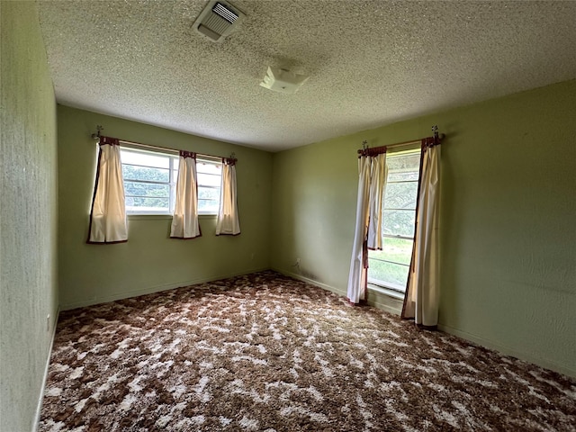 carpeted spare room with a healthy amount of sunlight and a textured ceiling