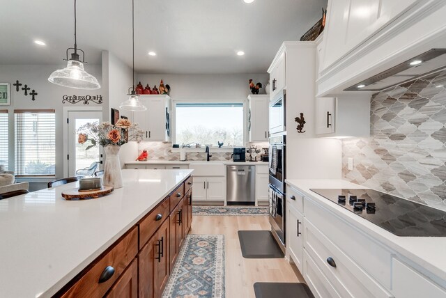 kitchen with backsplash, white cabinetry, dishwasher, and custom exhaust hood