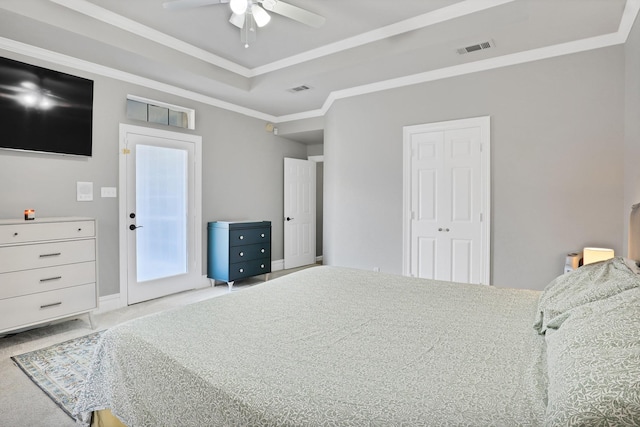 bedroom with light carpet, ornamental molding, access to outside, ceiling fan, and a closet