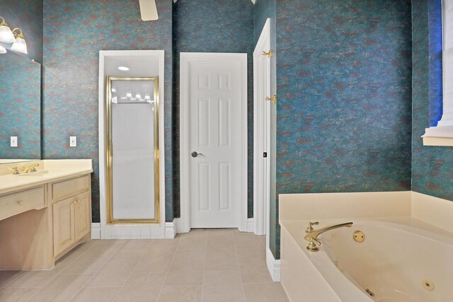 bathroom with tile patterned floors, vanity, and plus walk in shower