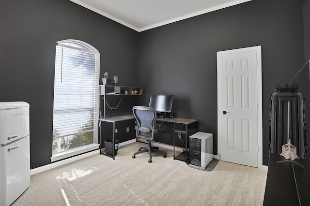 carpeted office with ornamental molding