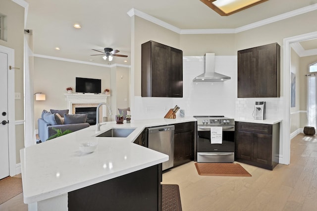 kitchen with sink, wall chimney exhaust hood, light wood-type flooring, appliances with stainless steel finishes, and kitchen peninsula