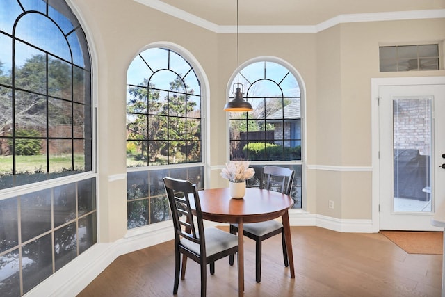 dining area featuring hardwood / wood-style floors, a healthy amount of sunlight, and ornamental molding