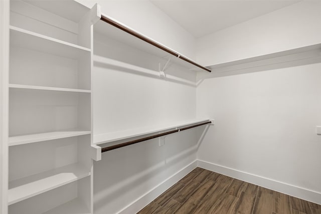 walk in closet with dark wood-type flooring