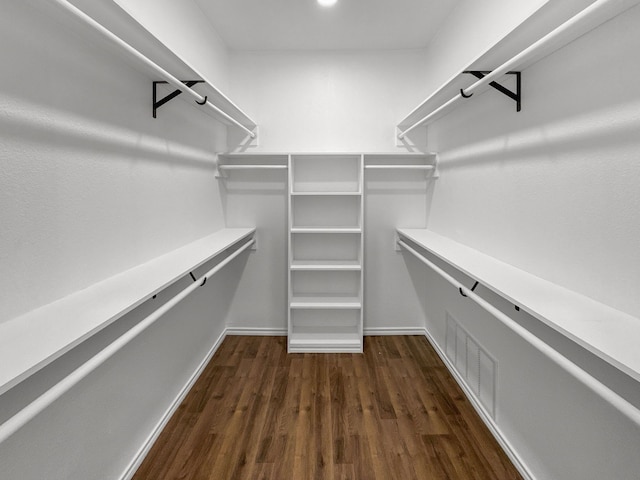 walk in closet with dark hardwood / wood-style floors