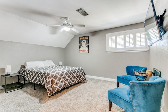 bedroom with carpet, lofted ceiling, and ceiling fan